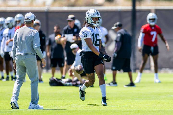 Raiders wide receiver Jakobi Meyers (16) looks to head coach Pete Carroll after a pass was thro ...