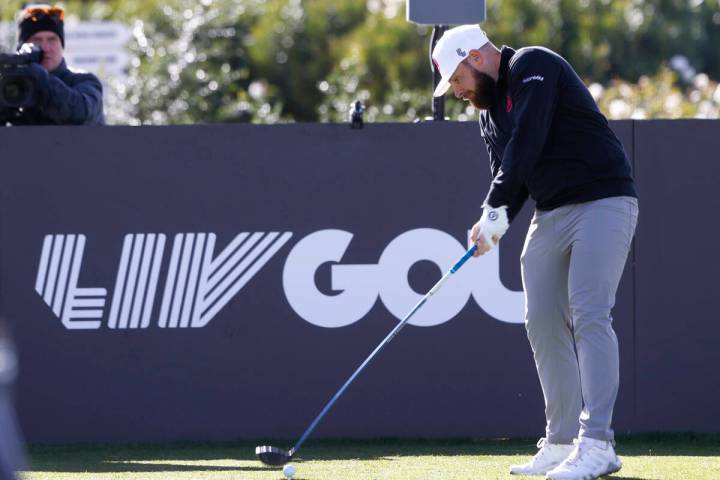 Tyrrell Hatton of team Legion XIII drives off the tee during the first round of LIV Golf Las Ve ...