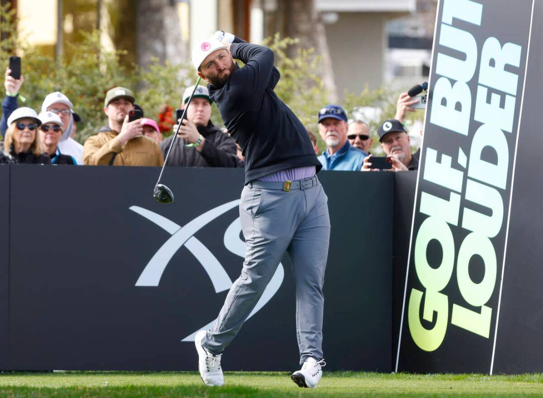 Jon Rahm of team Legion XIII watches his tee drive during the first round of LIV Golf Las Vegas ...