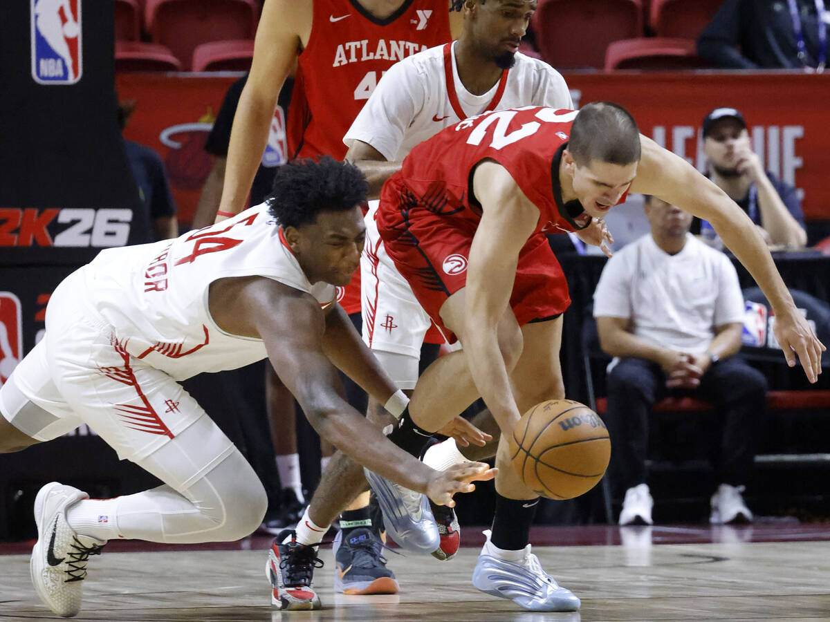 Houston Rockets forward Great Osobor, left, and Atlanta Hawks Nikola Ðurišic (22) fi ...
