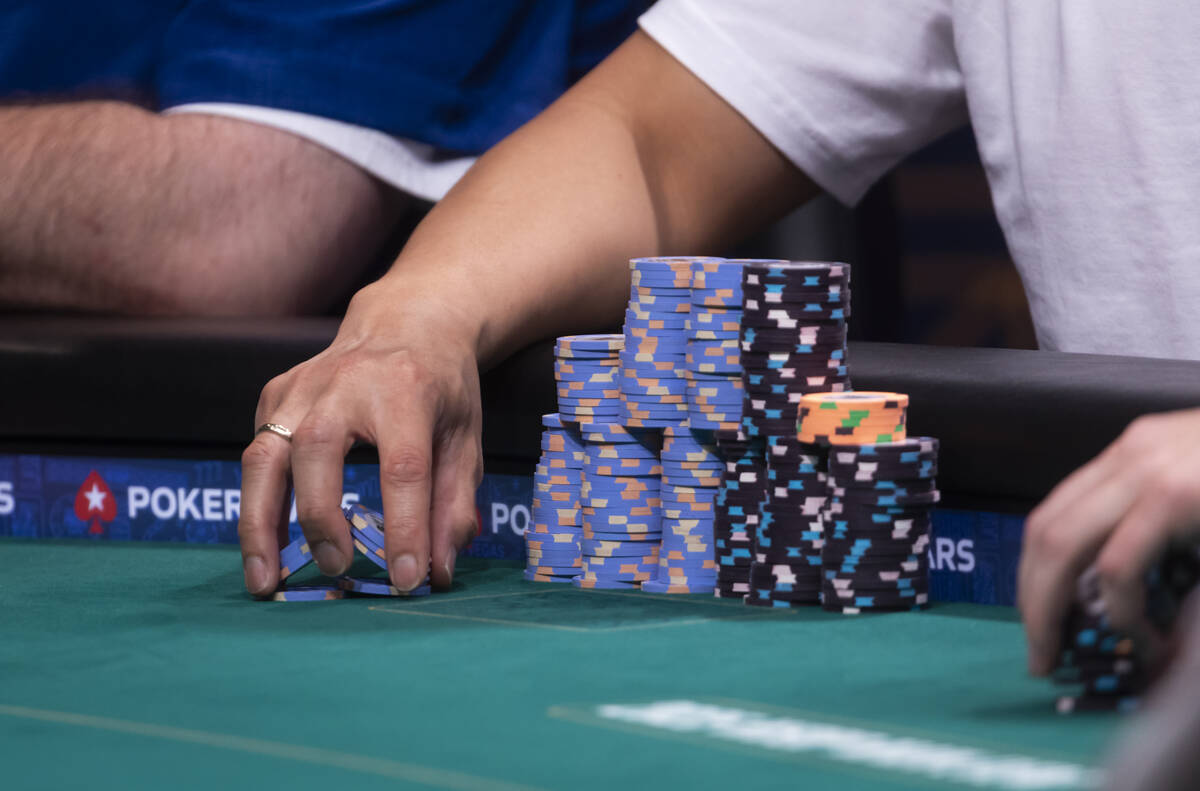 Joey Padron holds his chips during day 8 of the World Series of Poker Main Event at Horseshoe L ...