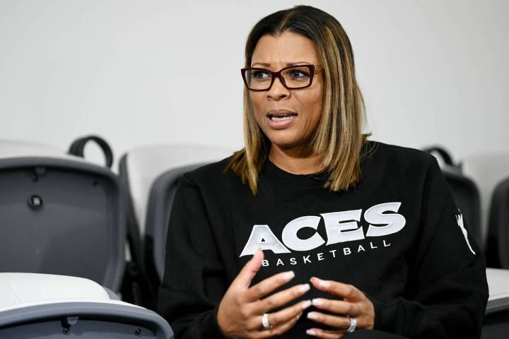 Las Vegas Aces President Nikki Fargas talks to the media during the Aces first day of training ...