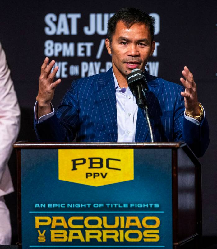 Manny Pacquiao speaks during a press conference for his upcoming fight against Mario Barrios at ...