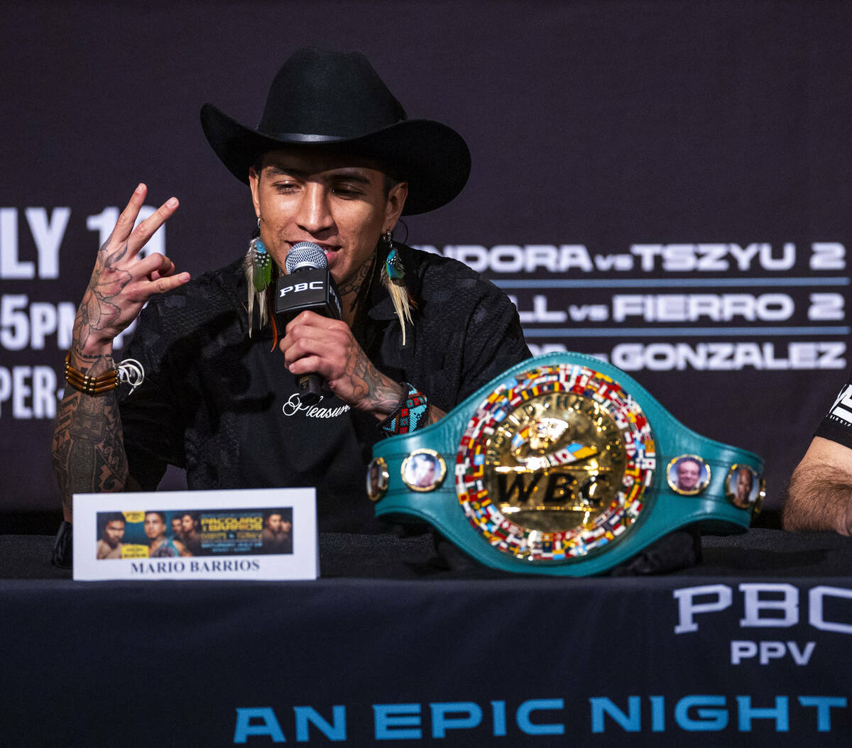 Mario Barrios gives a shout out to his people in San Antonio speaks during a press conference f ...