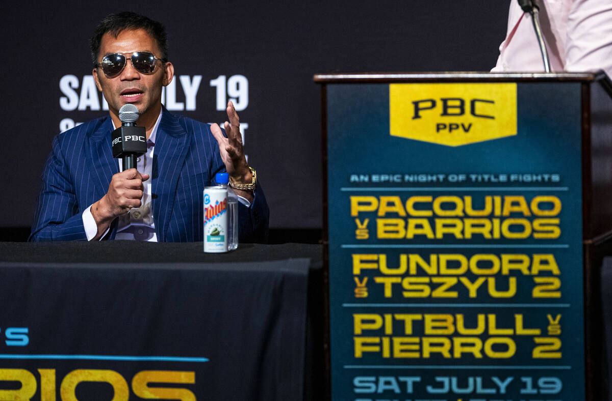 Manny Pacquiao speaks during a press conference for his upcoming fight against Mario Barrios at ...