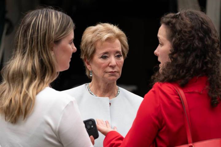 Education Secretary Linda McMahon, talks to her staff as they wait on the North Lawn of the Whi ...