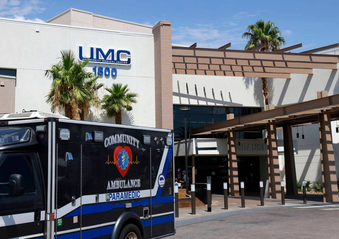 An ambulance is parked outside of the University Medical Center (UMC) on Friday, July 18, 2025, ...
