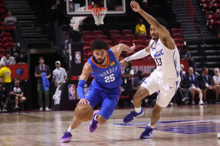Oklahoma City Thunder guard Ajay Mitchell (25) brings the ball up court against Orlando Magic g ...
