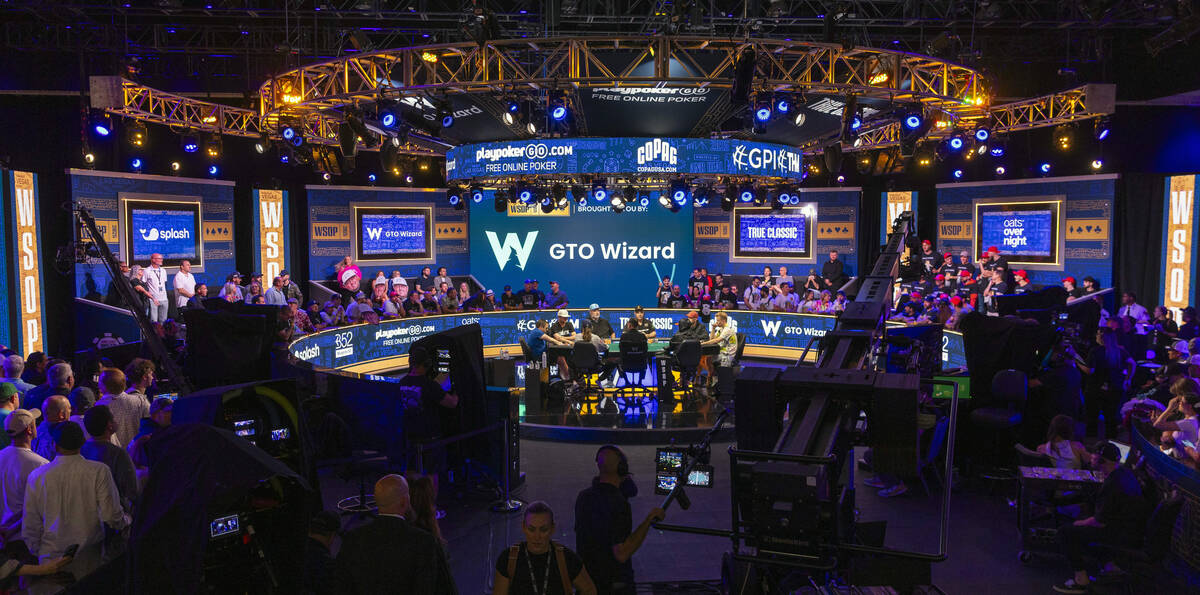 Play continues on the final table during the World Series of Poker Main Event at the Horseshoe ...