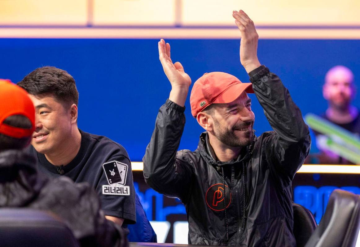 Luka Bojovic of Vienna is pleased as his supports chant for him on the final table during the W ...