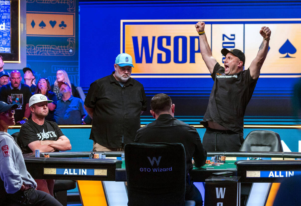 Michael Mizrachi of Miramar, Florida celebrates another opponent being taken down and saving hi ...