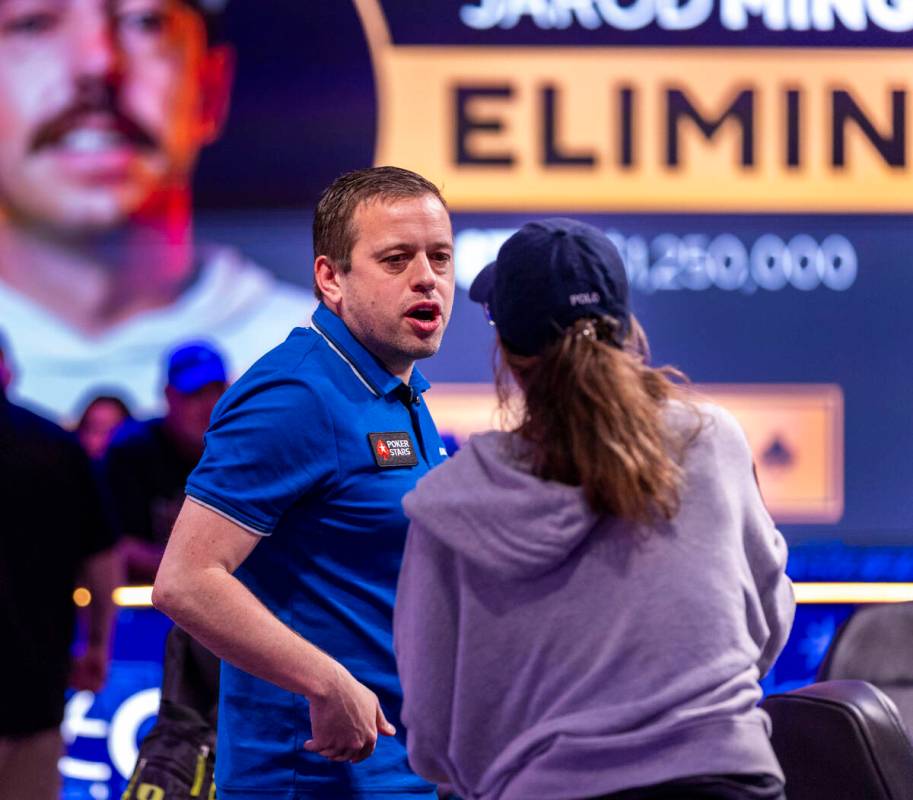 Kenny Hallaert of Belgium chats with Leo Margets of Spain at the final table during the World S ...