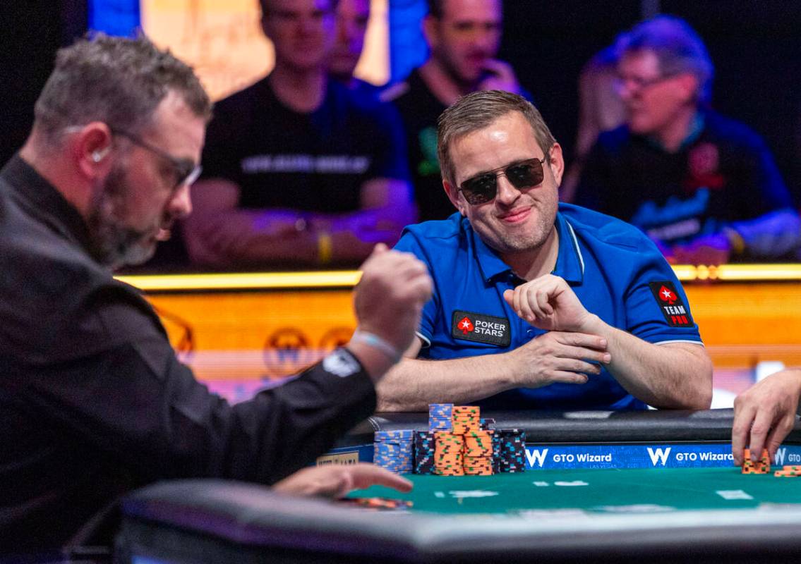 Kenny Hallaert of Belgium shows a bit of joy after taking another pot on the final table during ...