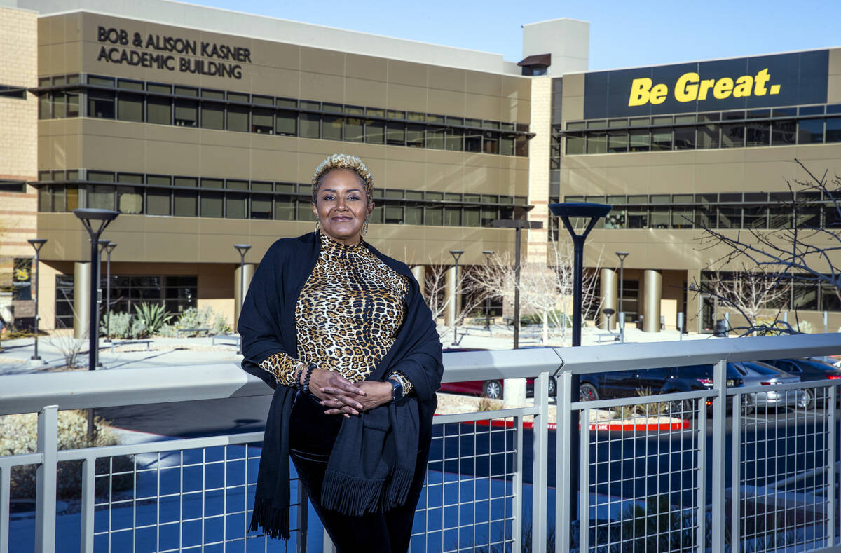 Nevada State College President Dr. DeRionne Pollard in a campus commons area with the Bob and A ...