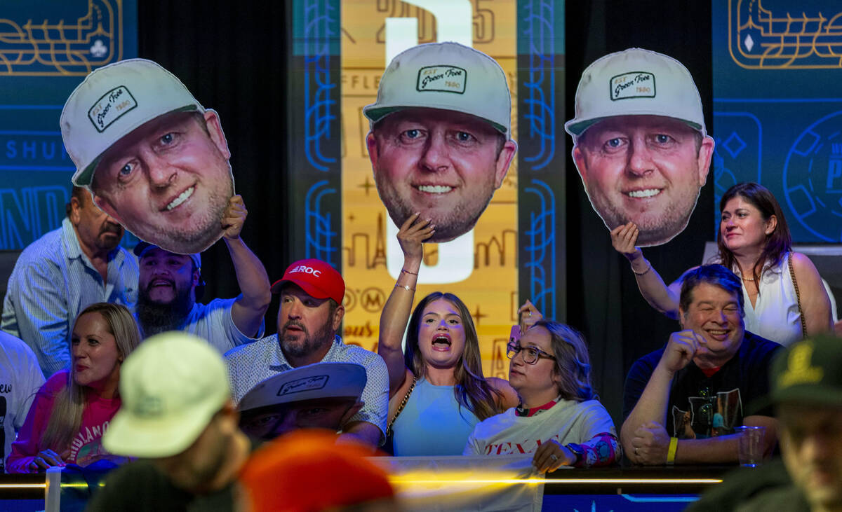 Supporters for Braxton Dunaway of Midland, Texas, are pumped after a chip win on the final tabl ...