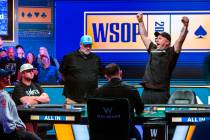 Michael Mizrachi of Miramar, Florida celebrates another opponent being taken down and saving hi ...