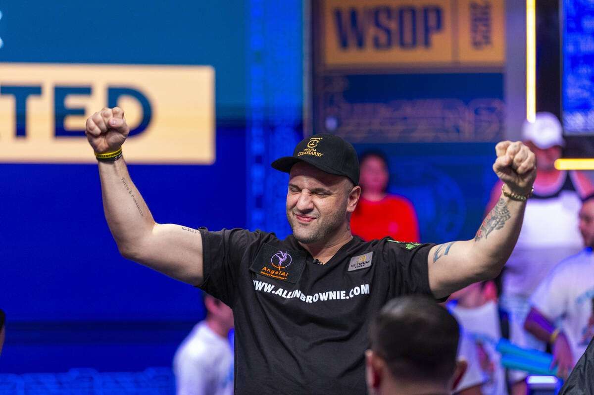 Michael Mizrachi of Miramar, Florida, is pumped up after knocking out another opponent on the f ...