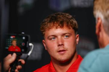 UNLV’s Jake Pope speaks to reporters at Mountain West Media Days on Wednesday, July 16, ...