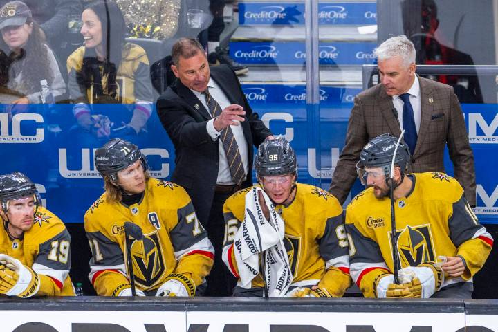 Golden Knights head coach Bruce Cassidy instructs his players against the Minnesota Wild during ...