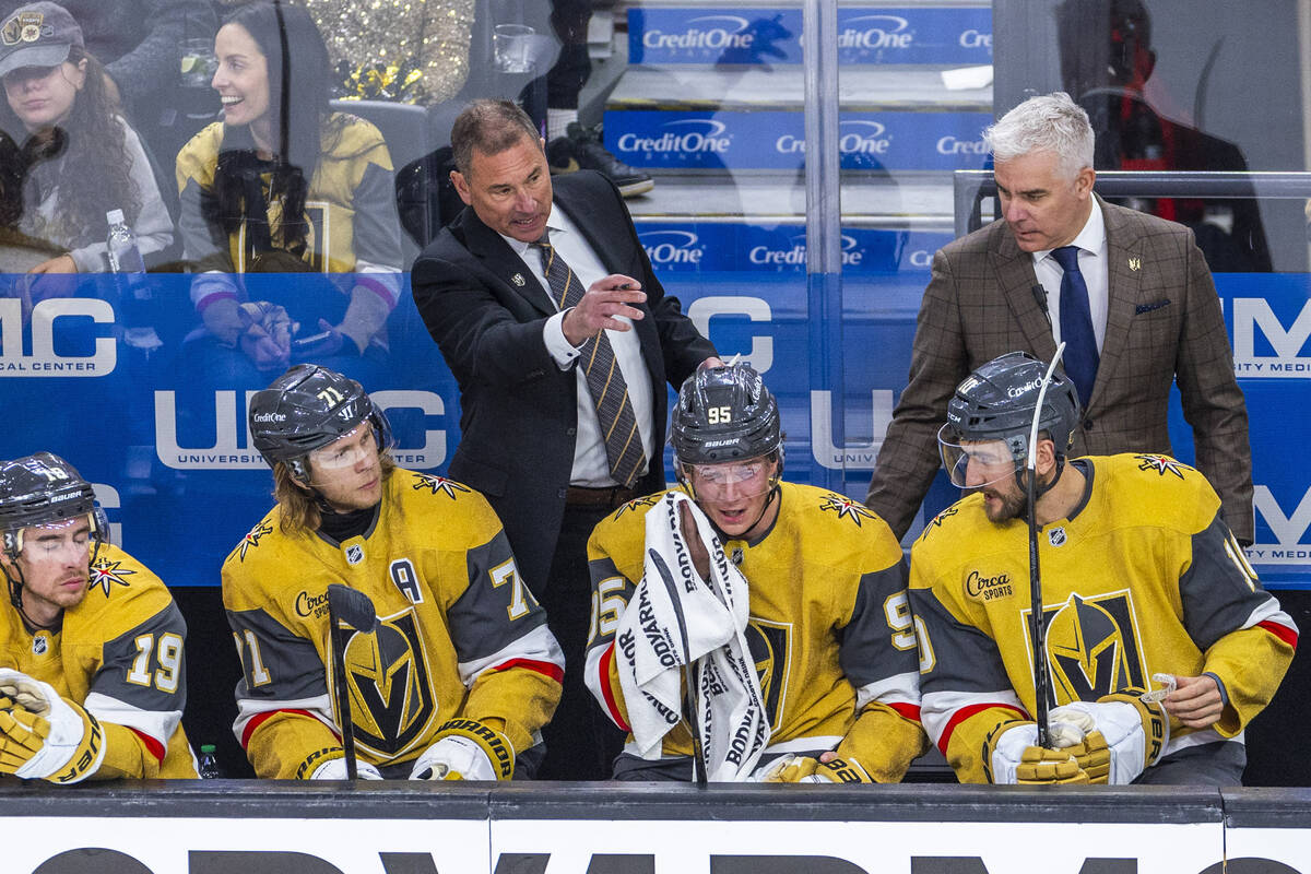 Golden Knights head coach Bruce Cassidy instructs his players against the Minnesota Wild during ...
