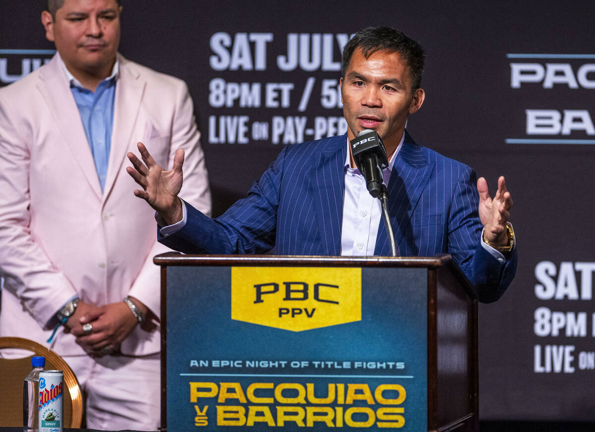 Manny Pacquiao speaks during a press conference for his upcoming fight against Mario Barrios at ...