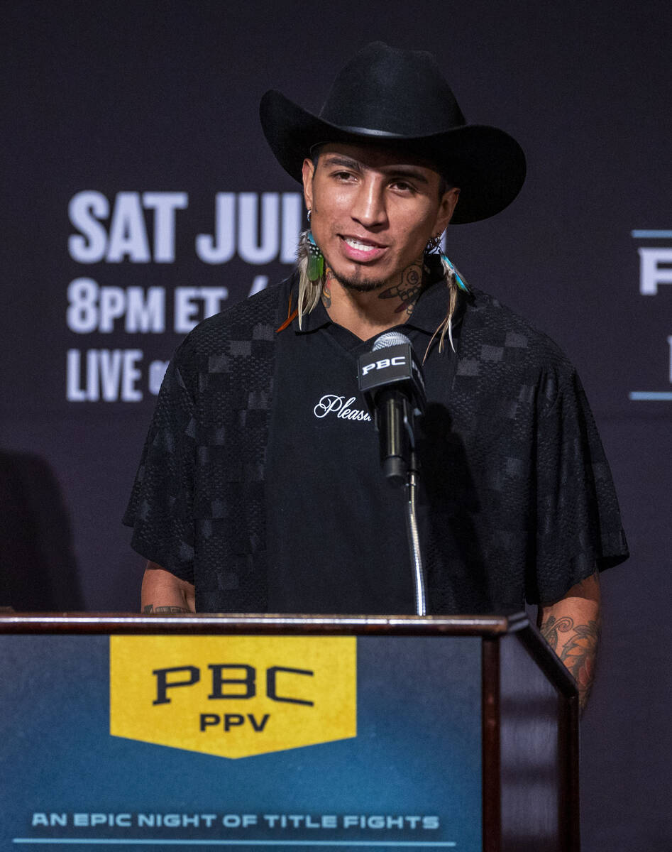 Mario Barrios speaks during a press conference for his upcoming fight against Manny Pacquiao at ...