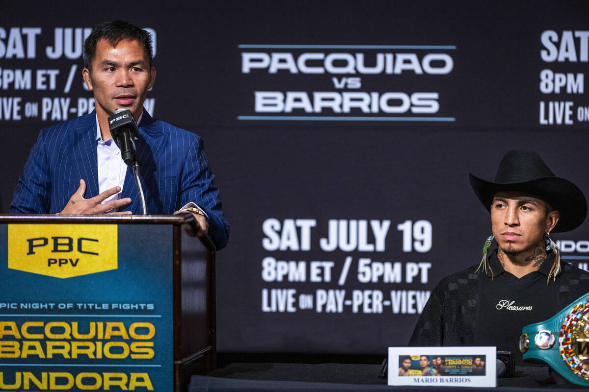 Manny Pacquiao speaks during a press conference for his upcoming fight against Mario Barrios at ...