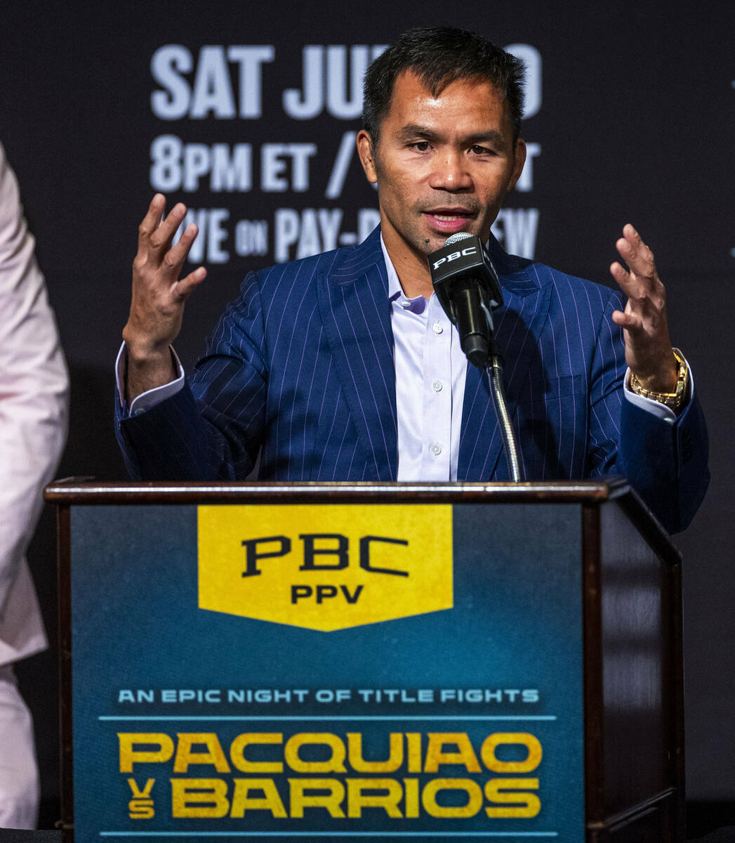 Manny Pacquiao speaks during a press conference for his upcoming fight against Mario Barrios at ...