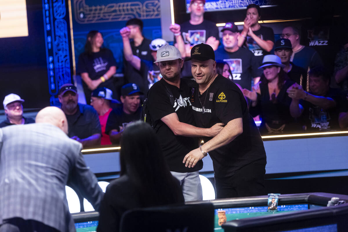 Michael Mizrachi, right, hugs Braxton Dunaway after knocking him out in the Main Event at Horse ...