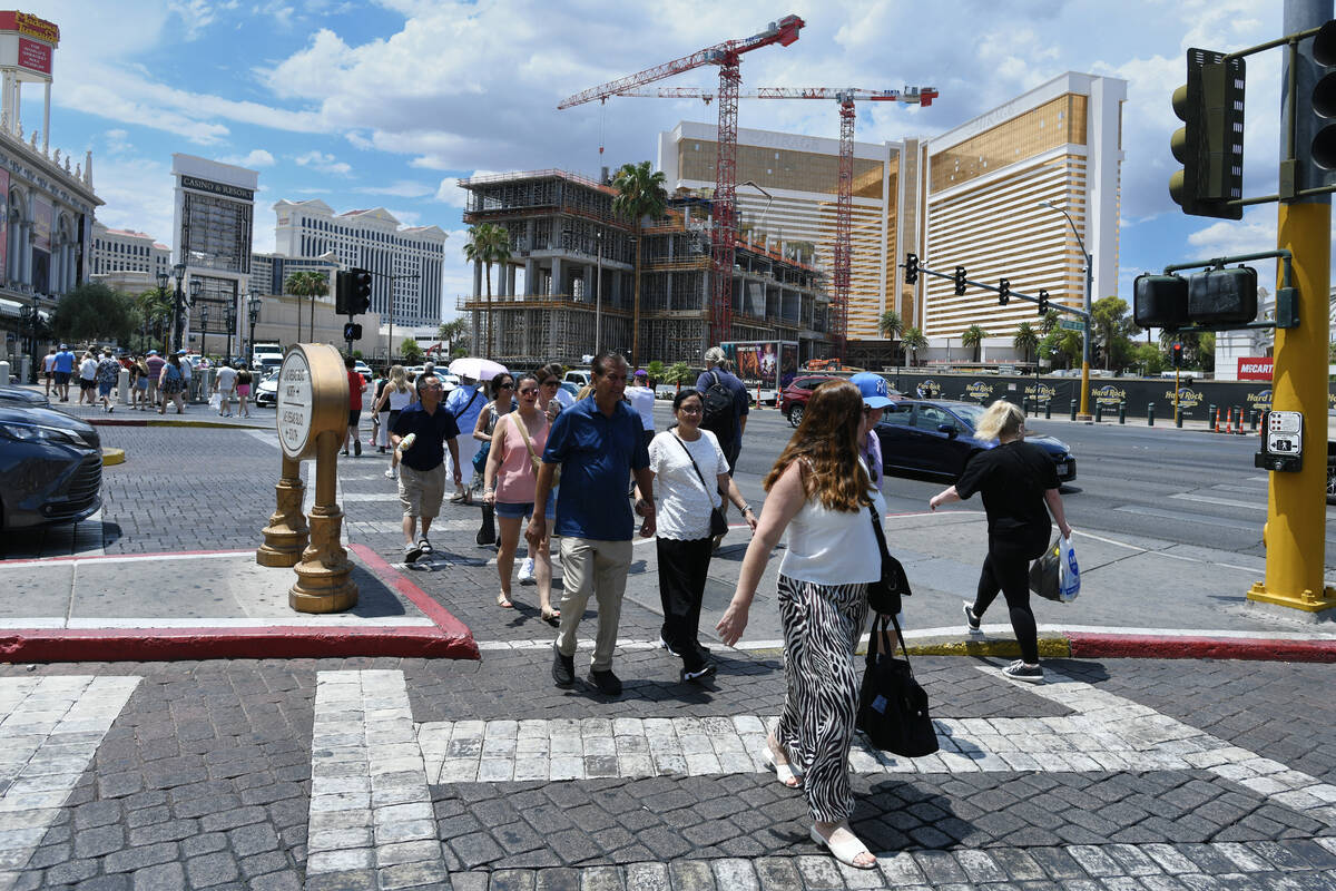 Construction on the Hard Rock Hotel’s guitar tower takes continues on the Strip Friday, ...