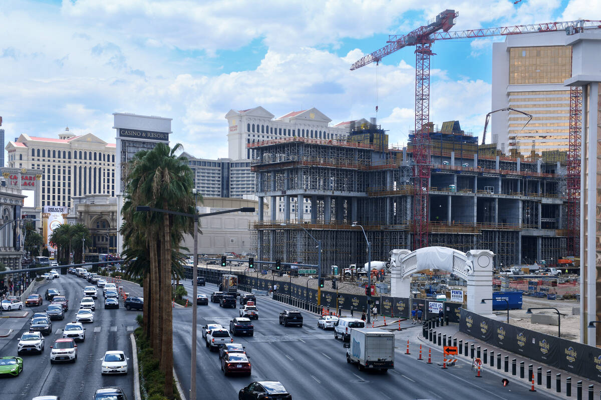 Construction on the Hard Rock Hotel’s guitar tower takes continues on the Strip Friday, ...