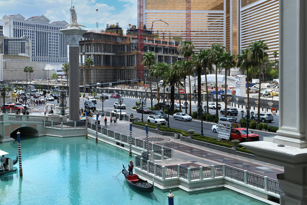 Construction on the Hard Rock Hotel’s guitar tower takes continues on the Strip Friday, ...