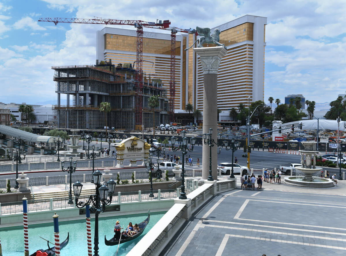 Construction on the Hard Rock Hotel’s guitar tower takes continues on the Strip Friday, ...