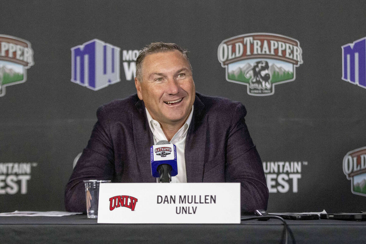 UNLV football head coach Dan Mullen reacts to questions at a news conference during Mountain We ...