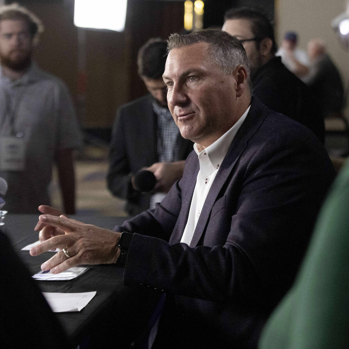UNLV football head coach Dan Mullen answers questions at a news conference during Mountain West ...