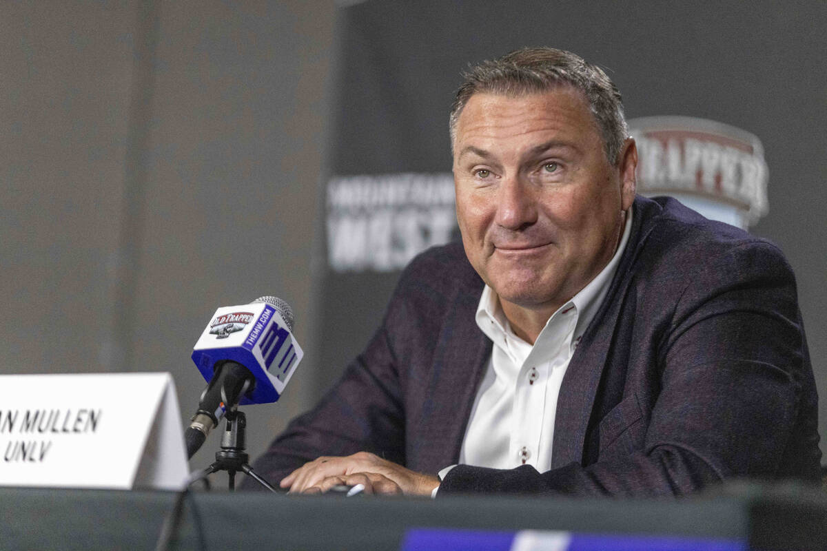 UNLV football head coach Dan Mullen reacts to questions at a news conference during Mountain We ...