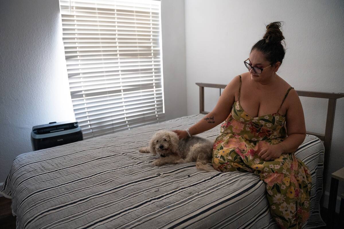 Ashley Webster sits with her 11-year-old poodle, Ella, and a borrowed A/C unit in her Las Vegas ...