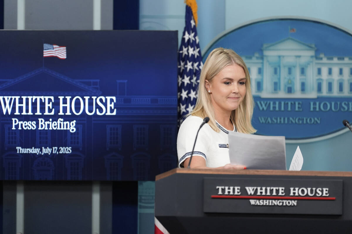 White House press secretary Karoline Leavitt arrives to speak with reporters in the James Brady ...