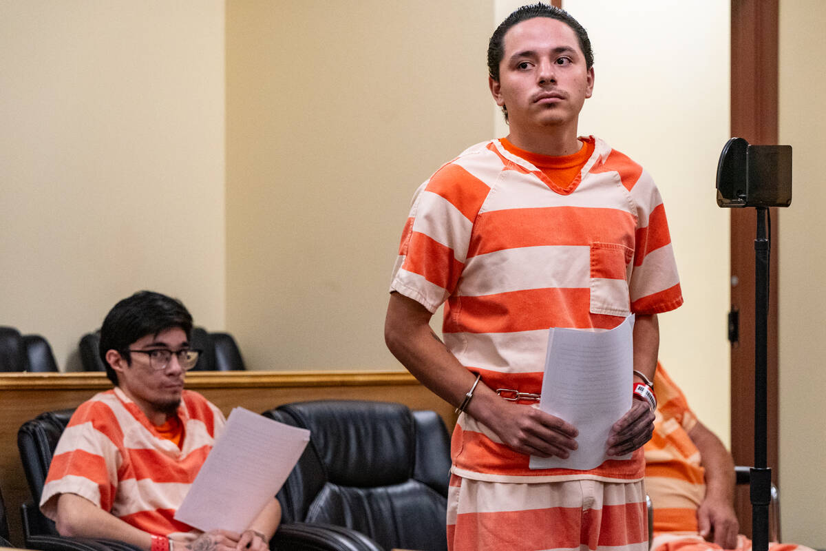 Carlos Blakely, left, and Anthony Aguilar appear during a hearing in Pahrump Justice Court Thur ...