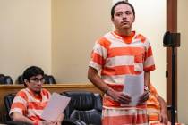 Carlos Blakely, left, and Anthony Aguilar appear during a hearing in Pahrump Justice Court Thur ...