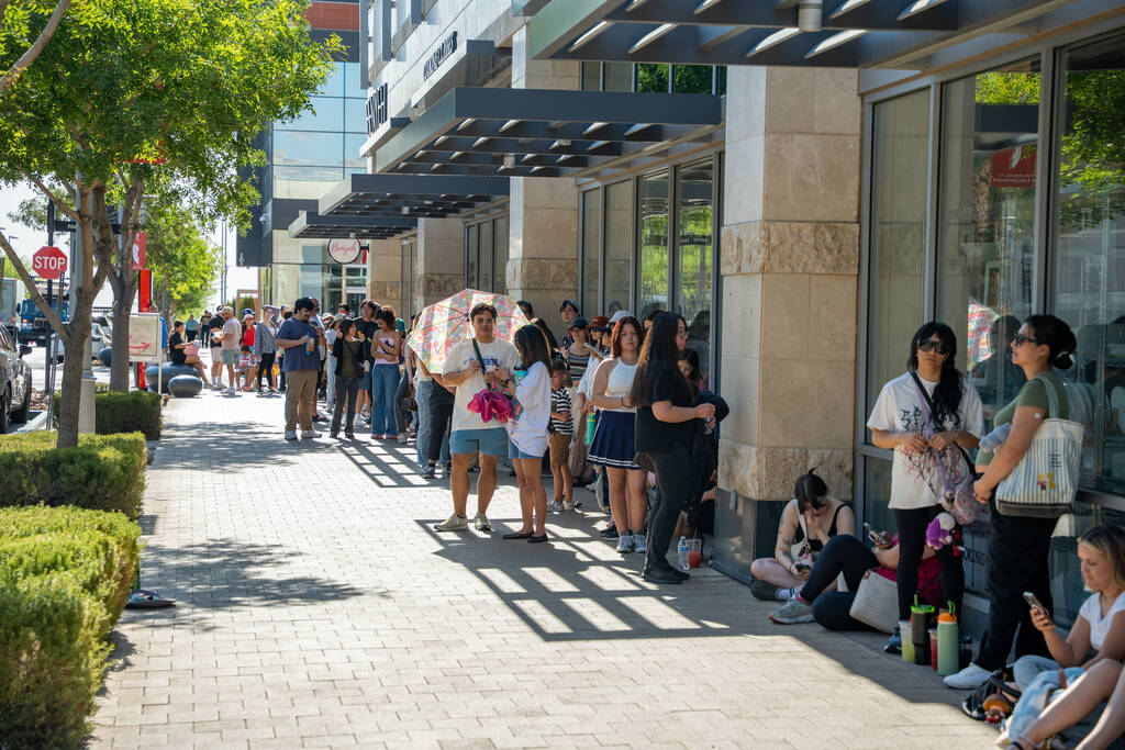 Shoppers line up outside Pop Mart’s new store in Las Vegas July 12, 2025. The grand open ...