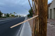 A broken power pole is seen Wednesday, July 2, 2025, on Tropicana Avenue between McLeod Drive a ...