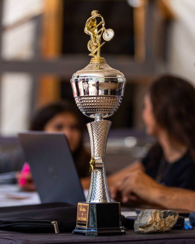 A trophy sits on display as riders register during the Viva La Gravity at the Lee Canyon Ski an ...