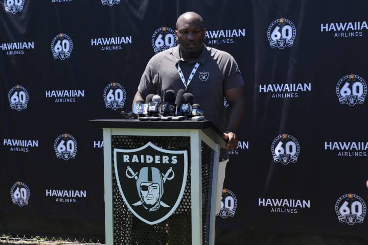 Former Raiders linebacker Kirk Morrison speaks to media during the NFL team's training camp in ...