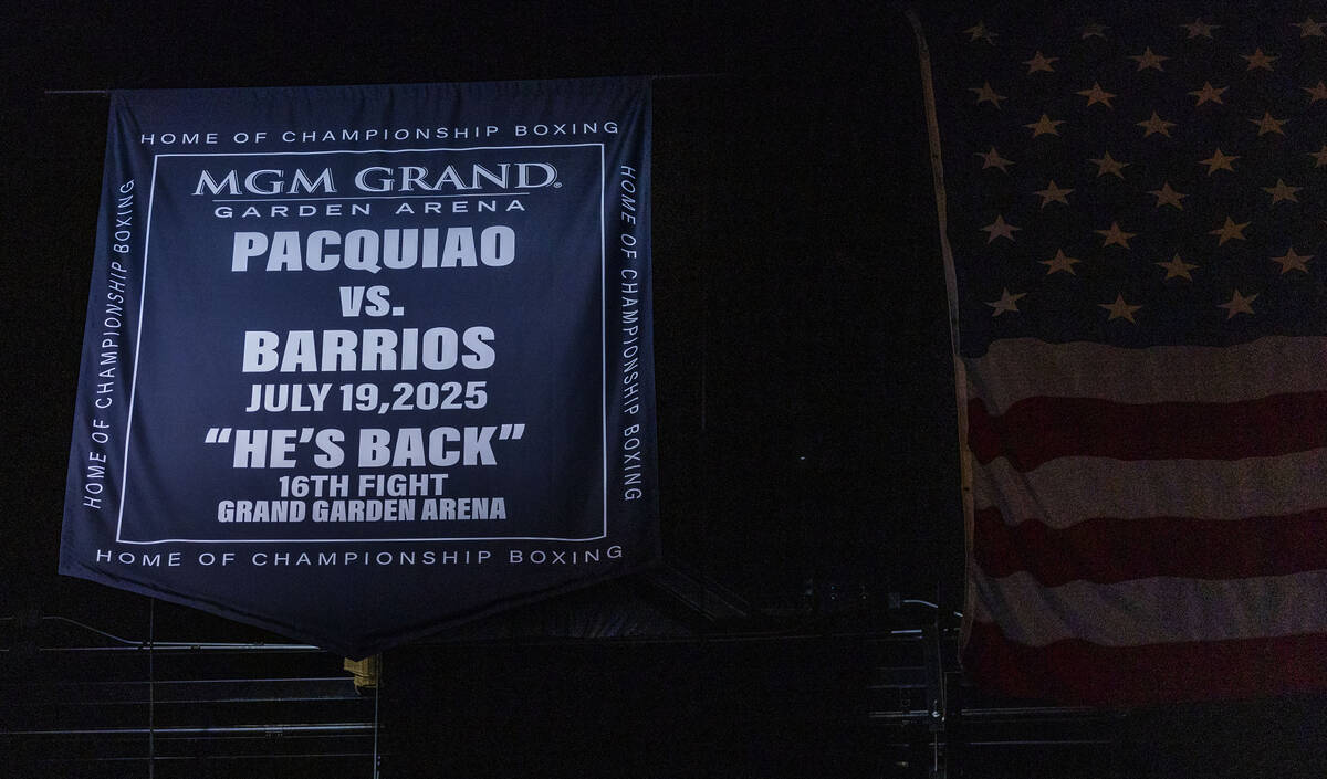 A banner is hung from the rafters noting WBC welterweight championship fighters Manny Pacquiao ...