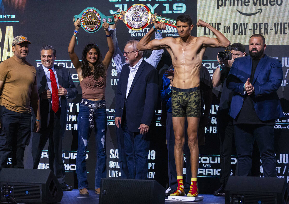 WBC super welterweight title fighter Sebastian Fundora poses during his ceremonial weigh in for ...