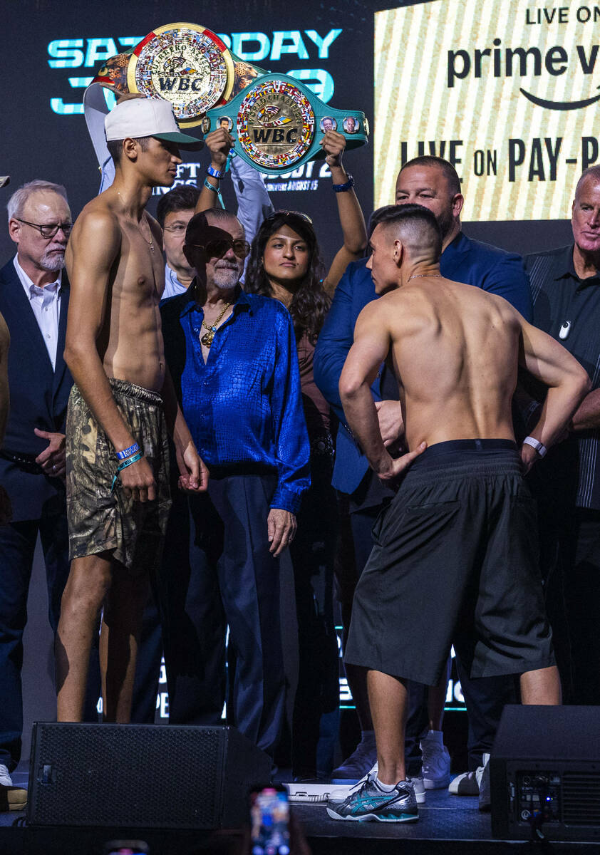 WBC super welterweight title fighters Sebastian Fundora and Tim Tszyu pose off during their ce ...