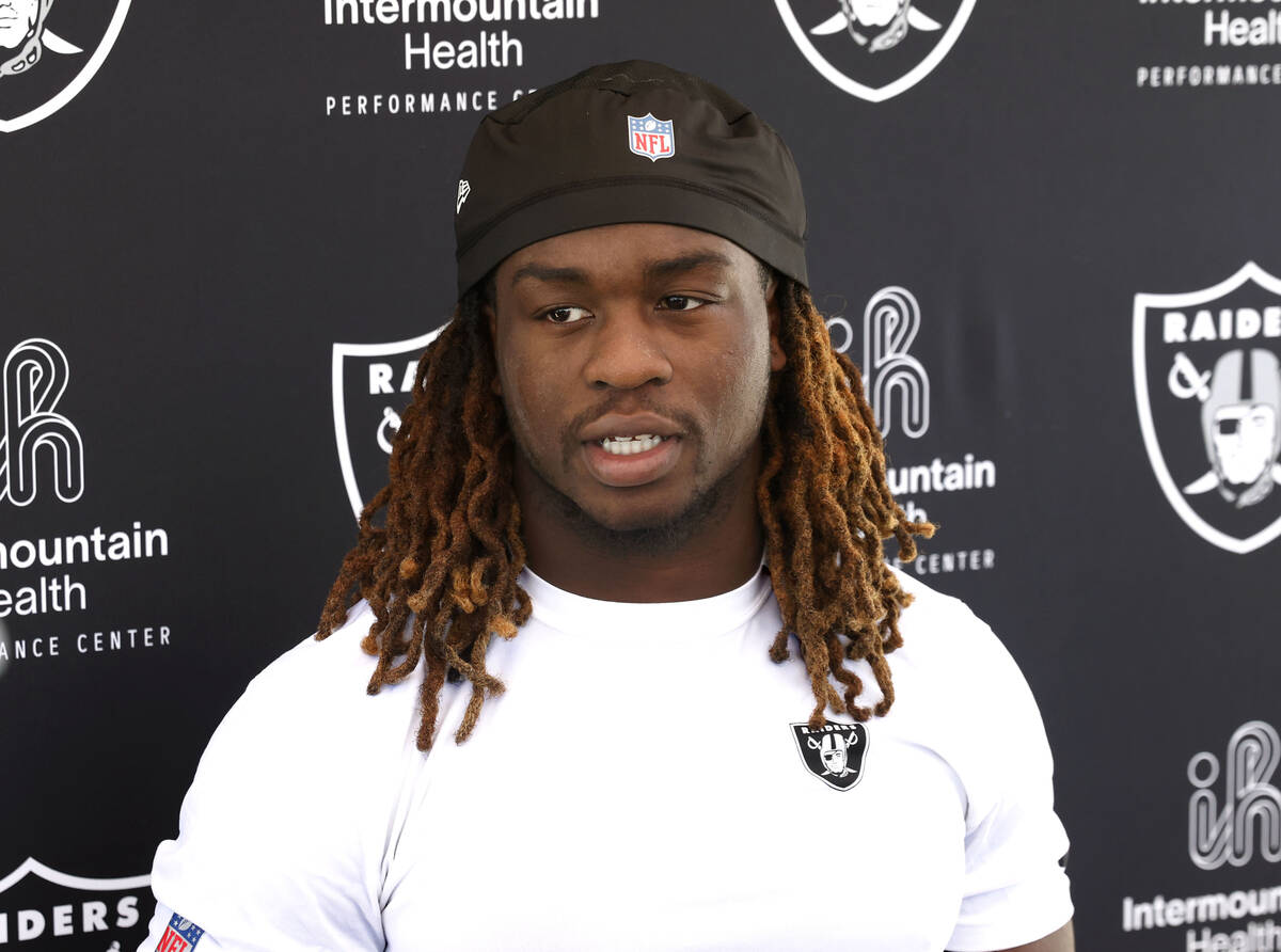 Raiders running back Ashton Jeanty addresses the media after participating in the Raiders rooki ...