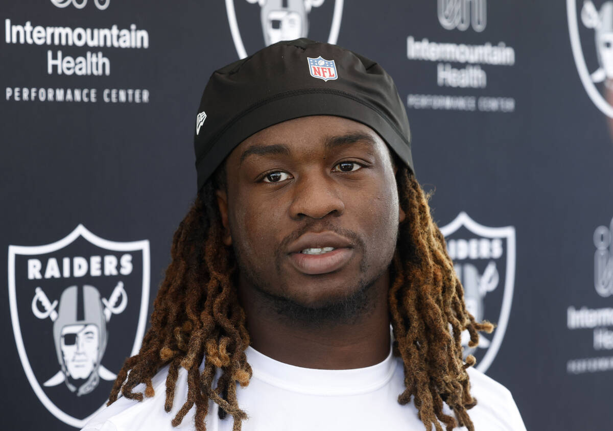 Raiders running back Ashton Jeanty addresses the media after participating in the Raiders rooki ...