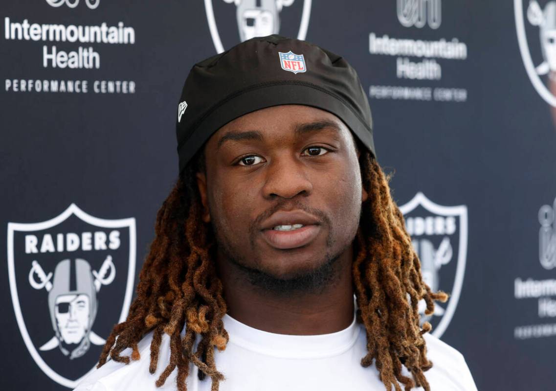 Raiders running back Ashton Jeanty addresses the media after participating in the Raiders rooki ...
